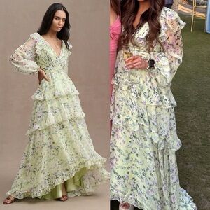 MAC DUGGAL Green Floral Chiffon Tiered Ruffle Dress 6